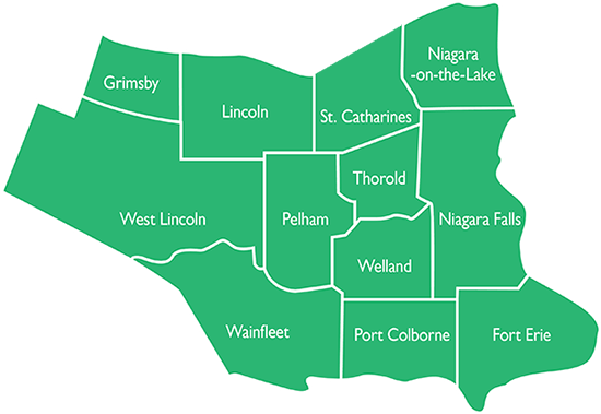 Vùng Niagara (Niagara Region) có 12 thành phố nhỏ (theo bản đồ)